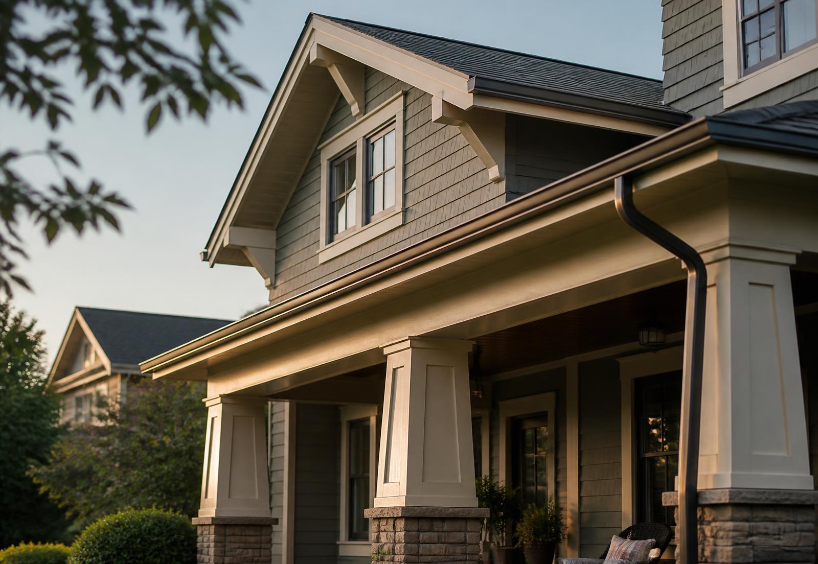 Roofline, fascia and seamless gutters on a well-maintained craftsman home at golden hour